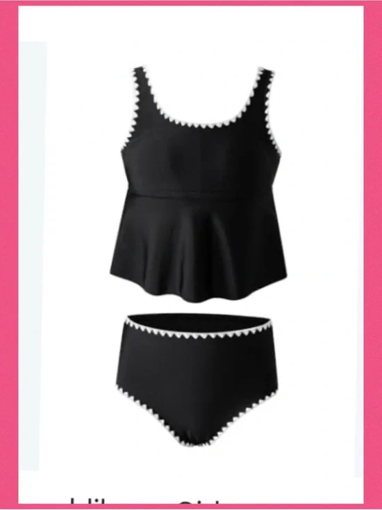 Black Crochet-Trim Tankini Top and Brief Set -Girls two piece swimsuit.76