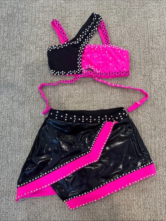 Kids Two-Piece Dance Costume in Hot Pink and Black with Stud Detail