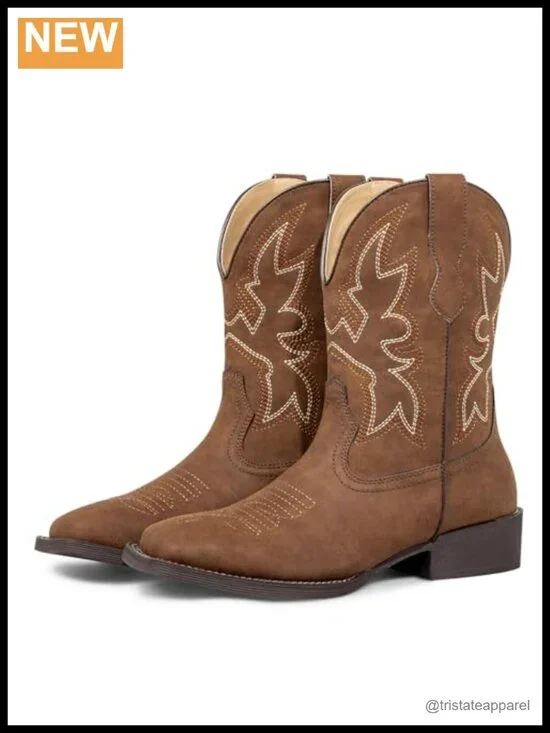Women's Short Square Toe Cowboy Boots with Embroidery Mid-Calf Western Booties