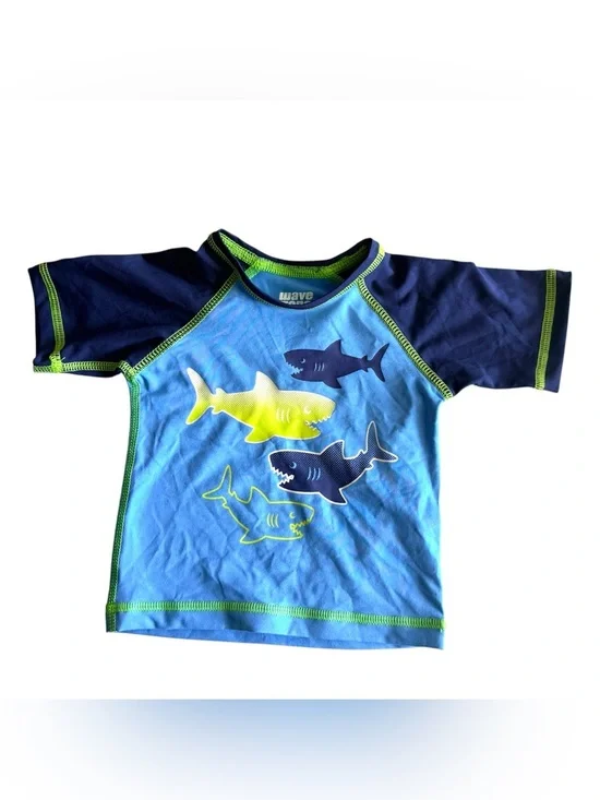 Wave Zone Kids Blue Shark Rash Guard Swim Shirt. Size 3-6 Months