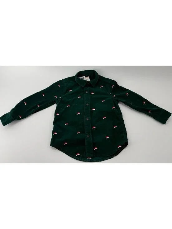 Gymboree Corduroy Button-Up Shirt Green Christmas Santa Hat 3T 100% Cotton
