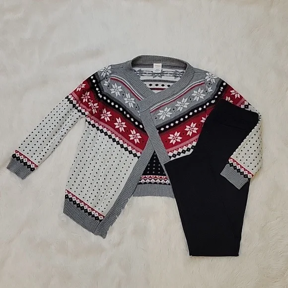 Gymboree Red, Black Fair Isle Open Sweater, Black Ponte Pants Set Girls 7-8