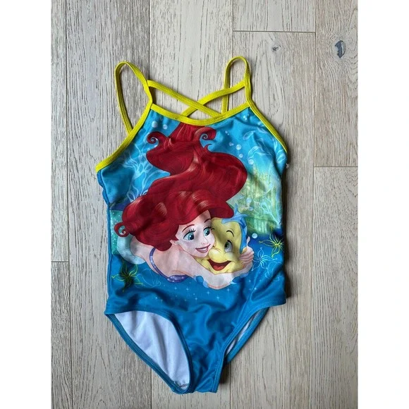 Disney Princess Ariel Little Mermaid Girls One Piece Swimsuit Blue Yellow 7/8