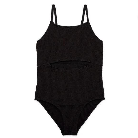 Wonder Nation Girls One Piece Popcorn Swimsuit with Keyhole Medium 7-8 New Black