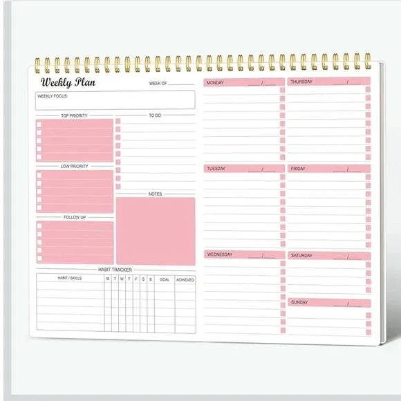 Undated Weekly Planner Pad Spiral Habit Tracker Priority‎ To Do List Pink White