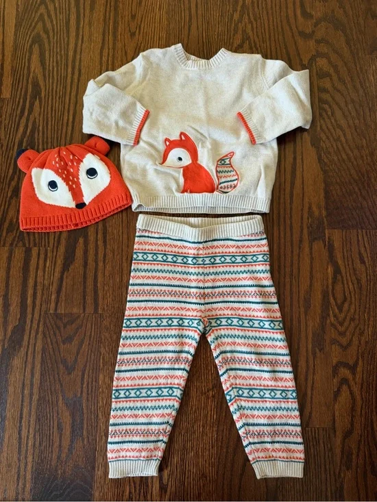 Gymboree Cream & Orange Fox Knit Sweater Set with Hat