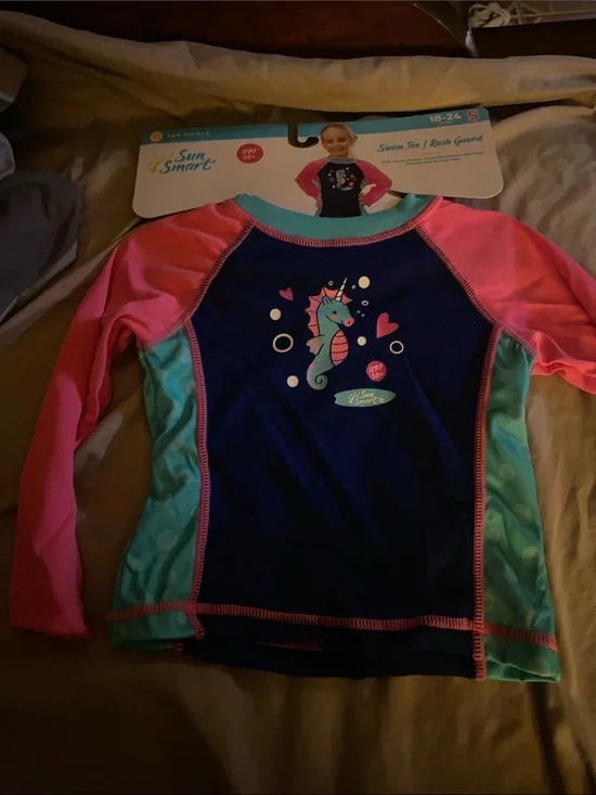 Girls' Navy, Pink & Aqua Seahorse Rashguard Swim Top -