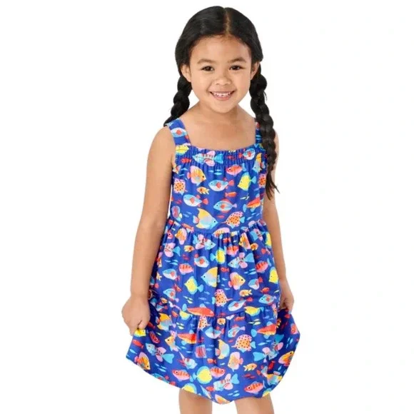 Gymboree Dress Tropical Fish Cotton 5T Blue Tiered Summer Sun‎ Dress Sleeveless