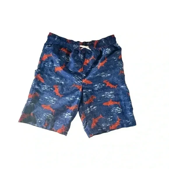 Land's End Boys Size L 14-16 Swimsuits Swim Shorts Trunks Blue Shark Drawstring