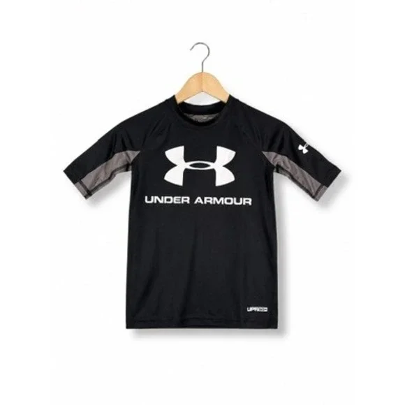 Under‎ Armour Boys HeatGear UPF 50+ Rash Guard Swim Shirt Black Gray YSM New