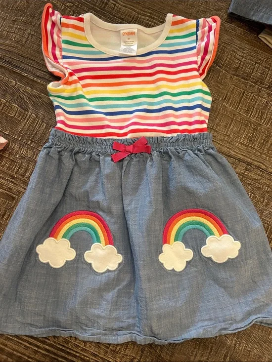 Gymboree Rainbow Stripe & Chambray Skirt Dress - Pink/Multicolor