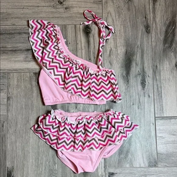 12/18 Months Pink Chevron Ruffle Bikini Set
