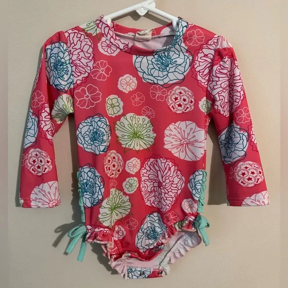 Baby Girl (9-12 mth) Pink Floral Long Sleeve 1 Piece Bathing Swimsuit Rash Guard