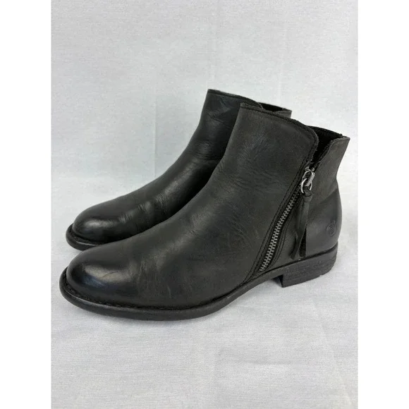 Born Womens Cleo Ankle Bootie Black Leather Size 6.5 Side Zip Low Heel‎ Comfort