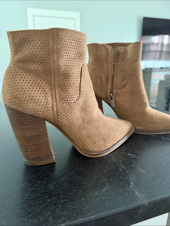 Vince Camuto Perforated Suede Tan Block Heel Ankle Booties