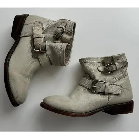 ASH Handmade Distressed‎ Moto Buckle Slouch Grey White Ankle Boots EU37 US 6