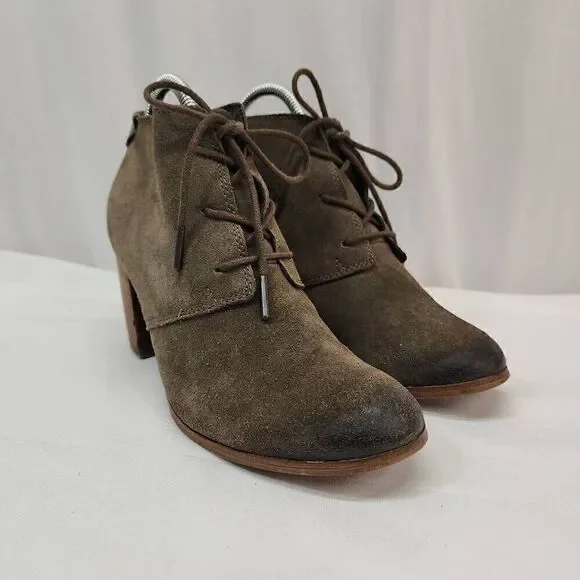 Toms Size 9 Lunata Tarmac Gray Suede Lace-Up Distressed High Heel Boots shoes Wo