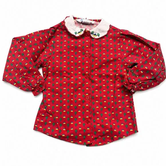 Vintage 80s OshKosh B’Gosh Girls Size 5 Red House Tree Print Blouse USA