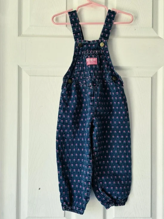 OshKosh B'gosh Dark Blue Denim Overalls with Pink Heart Print