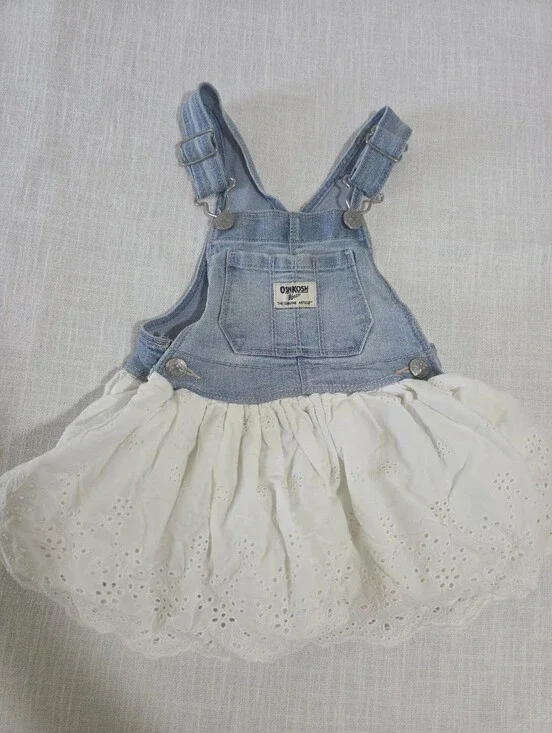OshKosh B'gosh Light Blue Denim Bib with White Eyelet Skirt 2t Girls Toddler