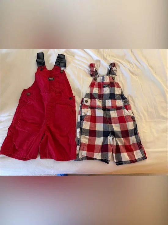 OshKosh B'gosh Red Solid and Red-White-Blue Plaid Kids Overalls