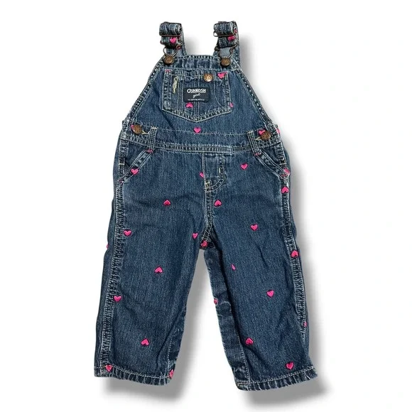 OshKosh B'Gosh Embroidered Vestbak Bib Overalls Cotton Dark Wash Hearts 9 Mos