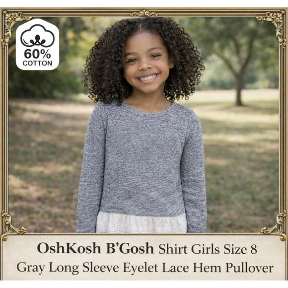 OshKosh B'gosh Shirt Girls 8 Gray Long Sleeve Eyelet Lace Hem Pullover‎ Top