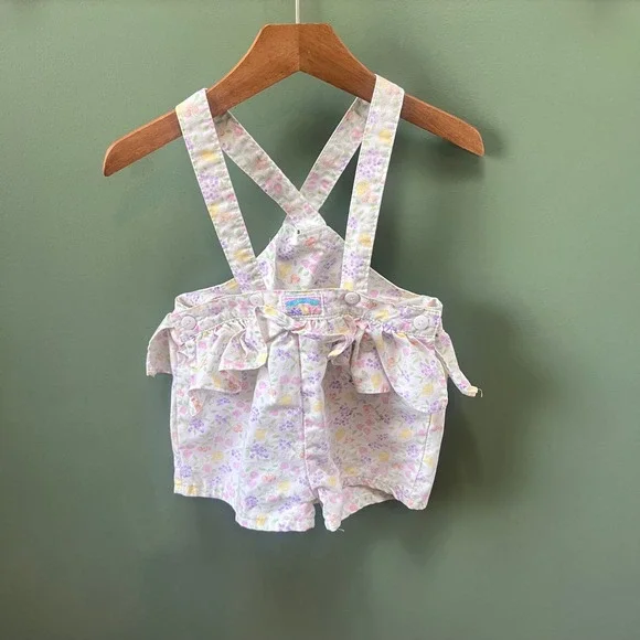 Rare Vintage OshKosh Bgosh Girls‎ 3T Fruit Print Ruffle Vestbak Shortalls  USA