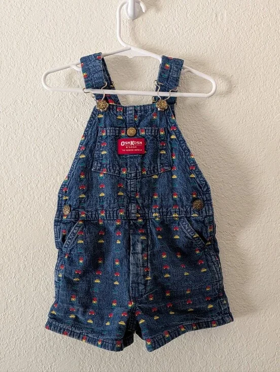 Vintage Oshkosh B'gosh Cars Denim Jean Vestbak Short Overalls Size 4T