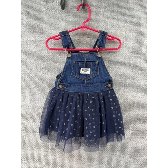 OshKosh Bgosh Vestback Baby Girls Denim Tulle Heart Dress Navy Blue Gold‎ 12M