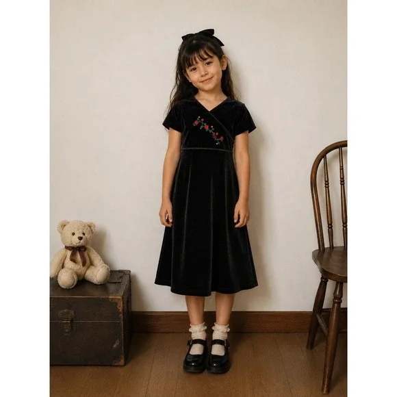 Vintage OshKosh B'Gosh Black Velvet Dress Girls Size 4 Floral Embroidered 90s