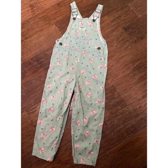 OshKosh‎ Bgosh Girls 5T Floral Denim Overalls Mint Green Pink Flower 6N741810