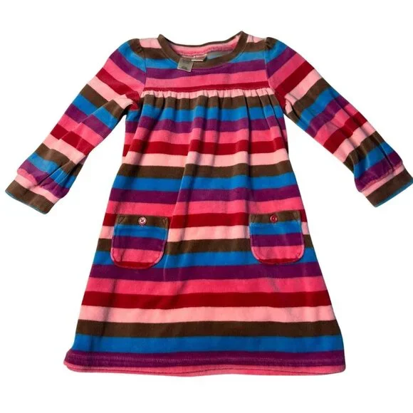 OshKosh‎ B'gosh Velour Dress Pink Striped Pockets Long Sleeve Cozy 24M Girls