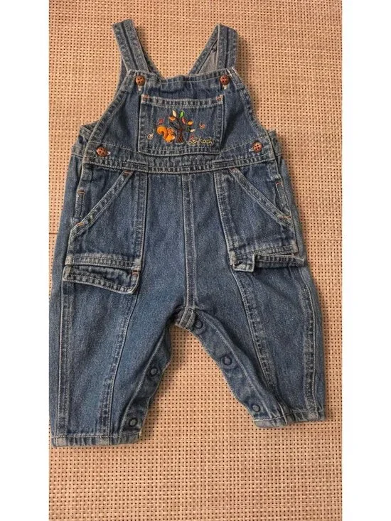 VINTAGE BABY OSH KOSH DENIM OVERALLS SQUIRREL TREE  3-6 MOS 12 16 LBS OSHKOSH
