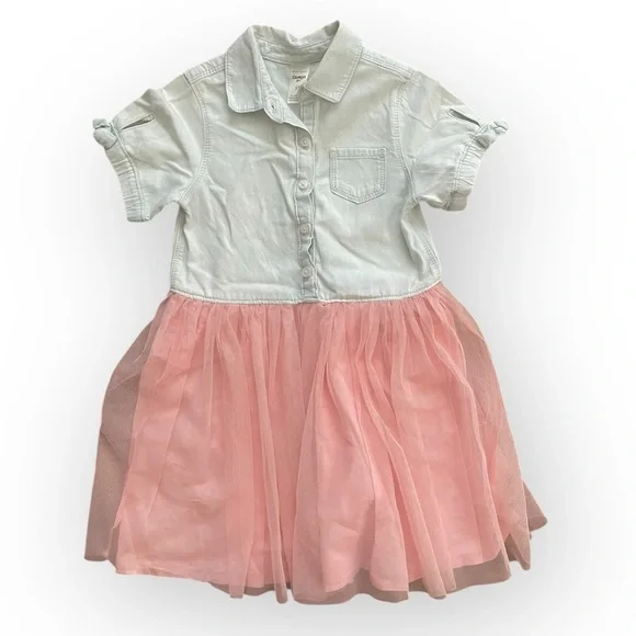 Oshkosh B’Gosh girls chambray button down tulle skirt short sleeve dress 5T pink