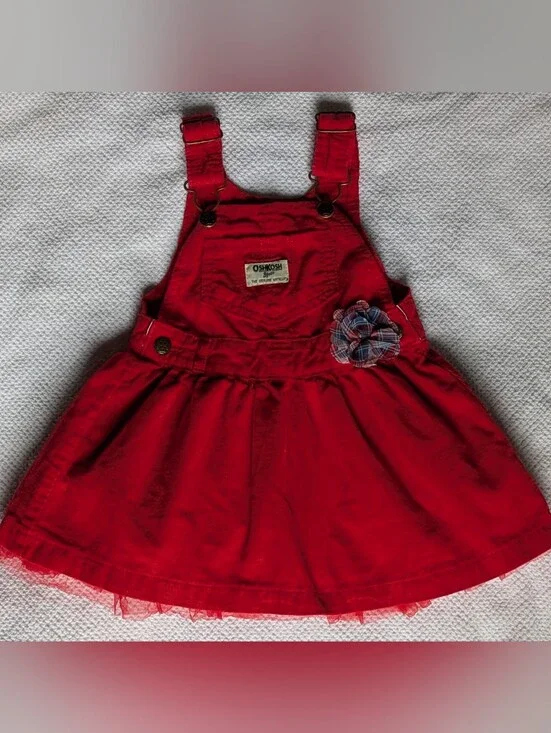 OshKosh B'gosh Red Corduroy Tulle Skirtall w/Plaid Flower Size 18Months