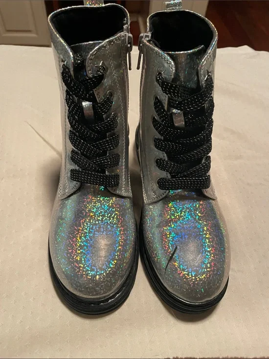 Kids Holographic Silver Sparklr Lace-Up and Zip Boots.