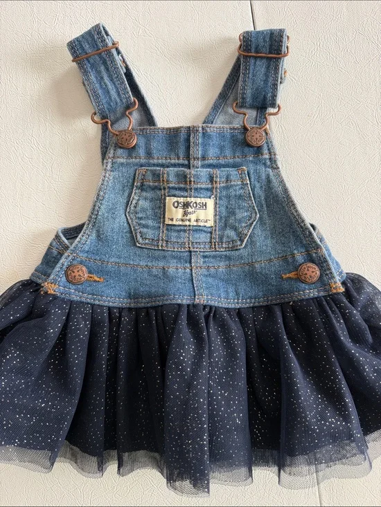 OshKosh B'gosh Denim Blue Sparkle Tulle Overall Dress