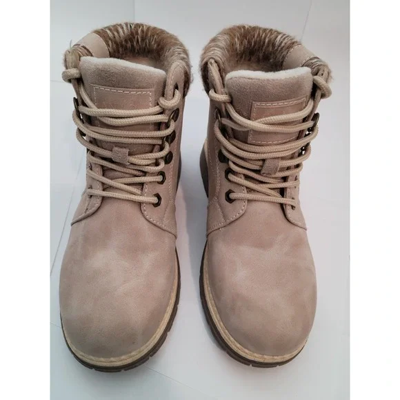 ANJOUFEMME Combat Boots Kids Size 6 Taupe Knit Collar Faux Fur Lined Lace Hiking