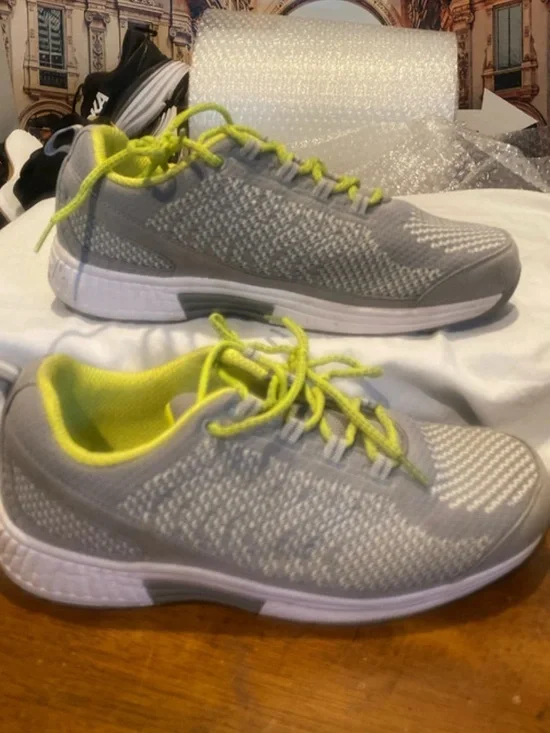 Women’s Gray Knit Athletic Sneakers with Neon Yellow Accents