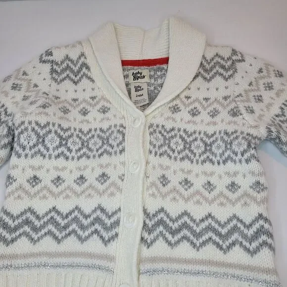 Baby B'gosh Cardigan Kids 24M White Excellent Fair Isle Shawl Collar Metallic