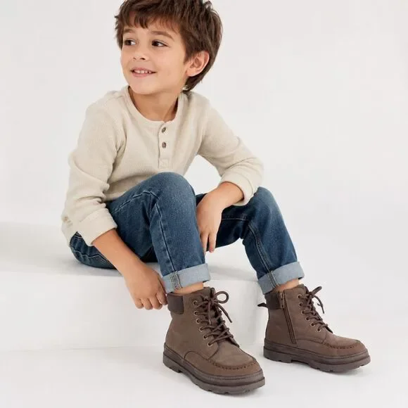 H&M Boys Size 1 Brown Faux Suede Moc Toe Lace Up Zip Chunky Sole Utility Boots