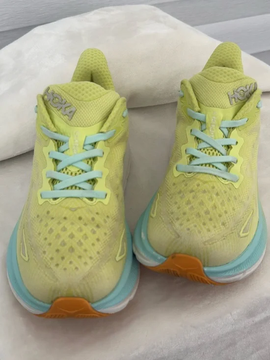 Hoka Clifton 9 Ceramic Green Solar Flare Running Shoes Women’s Size 8B