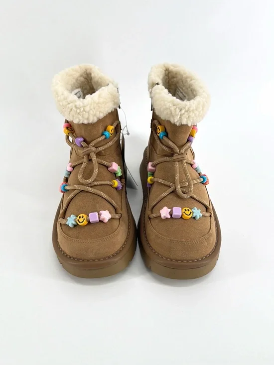 Girls Art Class Brown Faux-Sherpa Winter Boots with Colorful Bead Accents