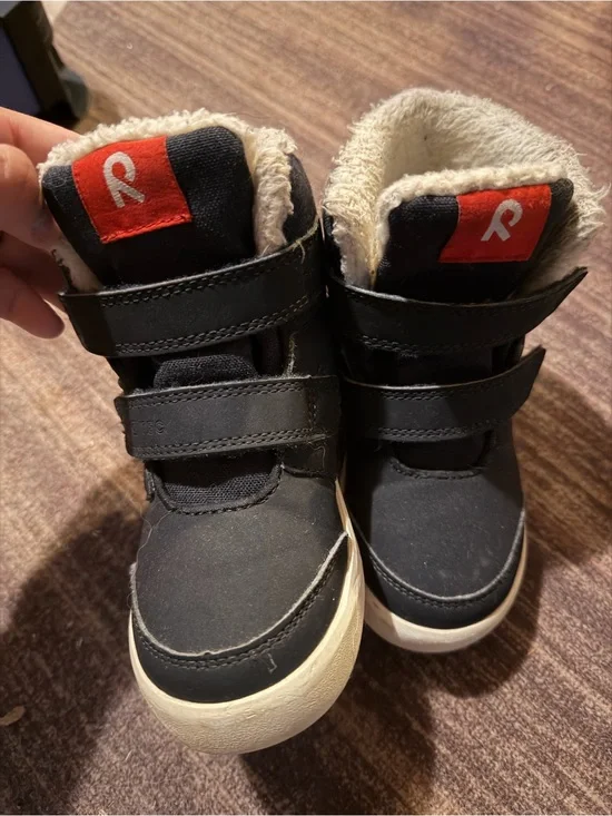 Kids Black Faux-Fur Lined Velcro Boots with Red Logo