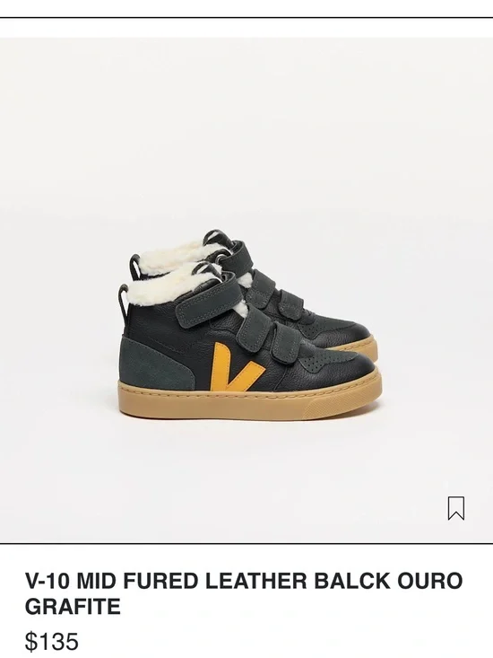 Veja Kids V-10 Mid Fur Leather Sneakers in Black and Yellow size 24