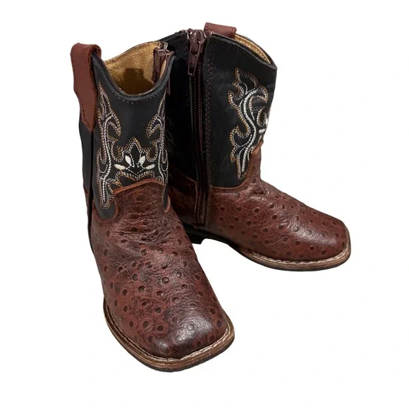 Unbranded Western Boots Kids 7 EUC‎ Brown Black Leather Ostrich Square Toe