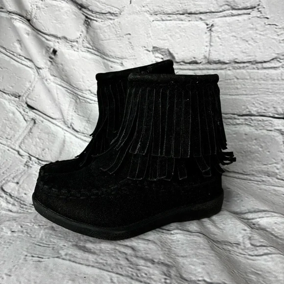 Little Girl Black Faux Suede Hippie Indie Boho Fringe Moccasin Zip Up Boots Sz 5