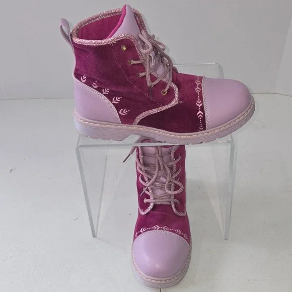 Disney Frozen II Girls Anna Purple Velvet Lace Up‎ Combat Boots Glitter Size 4