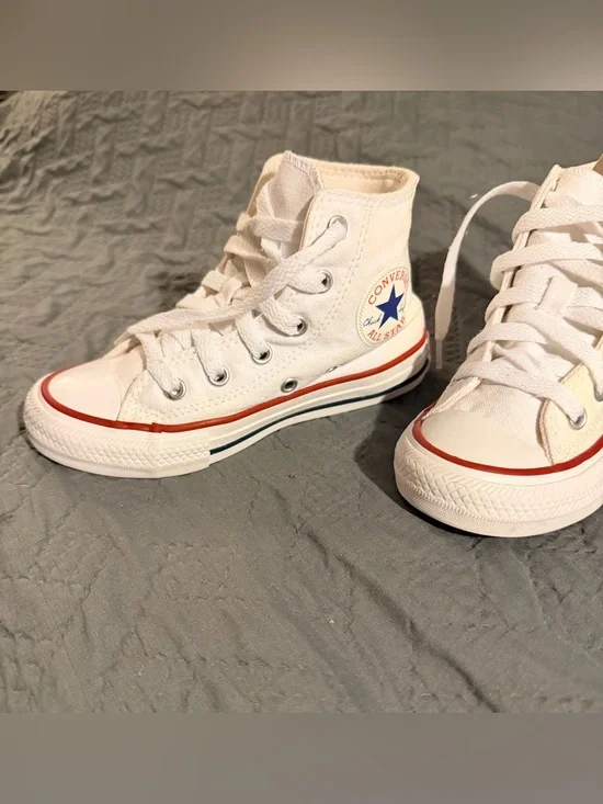 Converse Kids White High Top Sneakers with Red & Blue Trim 11c